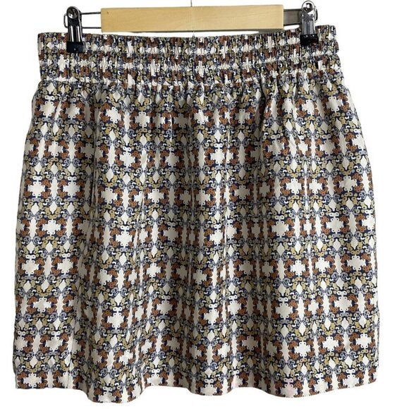 Club Monaco Size L A-Line Skirt Cream Blue Orange Batik Geometric Silk Lined - Picture 4 of 7